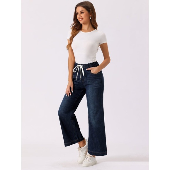 Allegra K Wide Leg Jeans Denim Drawstring Elastic Waist Casual Medium NWT - Picture 1 of 12